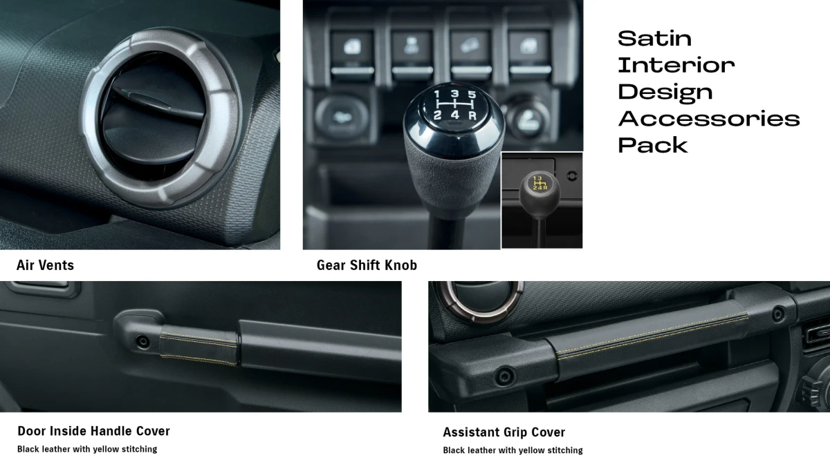 Jimny (XL MT) Satin Interior Design Pack (Inside Door Handle & Assistant Grip Covers + Air Vent Garnish & Gear Shift Knob)