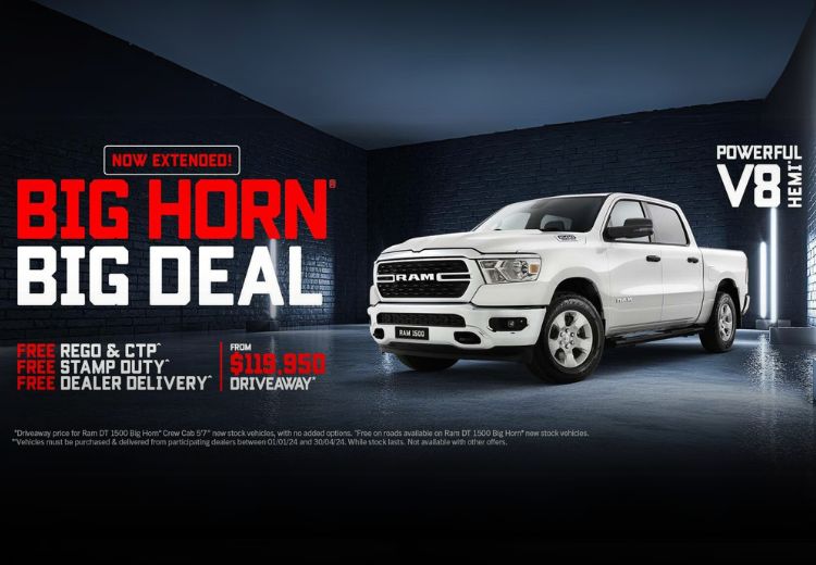 Big Horn Big Deal NOW EXTENDED - BIG HORN BIG DEAL. The Ram 1500 Big Horn is available with free rego, CTP, stamp duty and dealer delivery.
