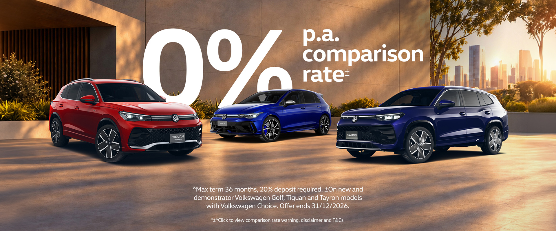 Volkswagen 0% finance offer on Golf, Tayron and Tiguan models, available until 31 December 2026.