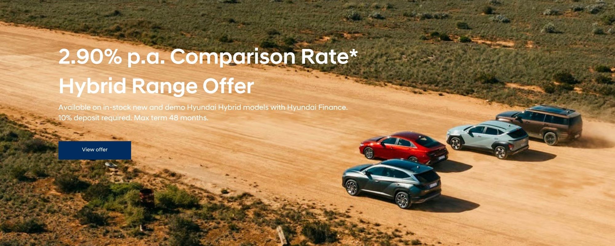 2.90 percent p.a. Comparison Rate Hybrid Range Offer. Available on in-stock new and demo Hyundai Hybrid models with Hyundai Finance. 10 percent deposit required. Max term 48 months.