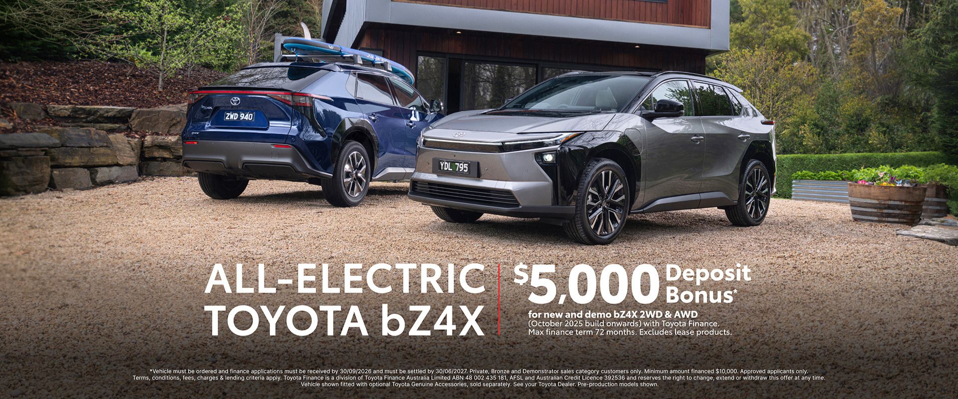 All-electric Toyota bZ4X Deposit Bonus. $5000 for new and demo bZ4X 2WD and AWD.