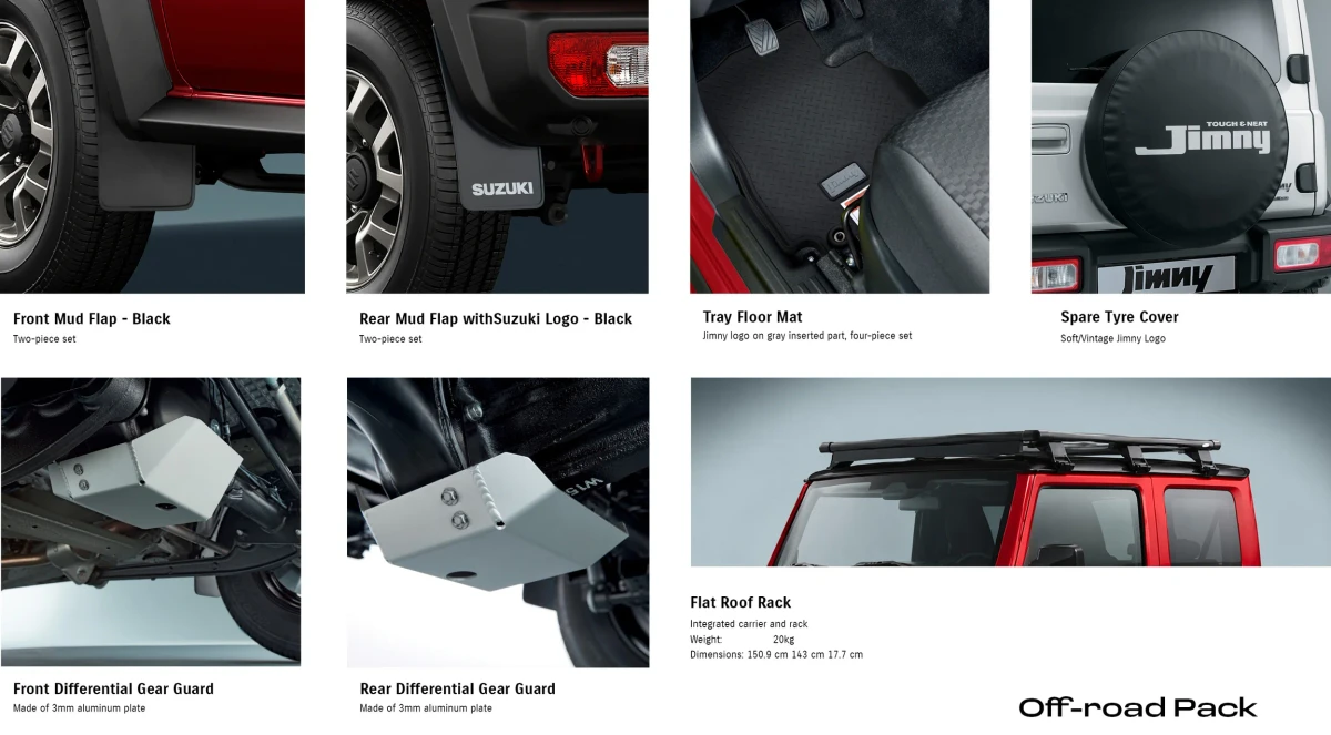 Jimny (XL MT) Off-road Pack (Mud Flaps + Differential Gear Guards + Tray Floor Mats + Flat Roof Rack & Spare Tyre Cover)