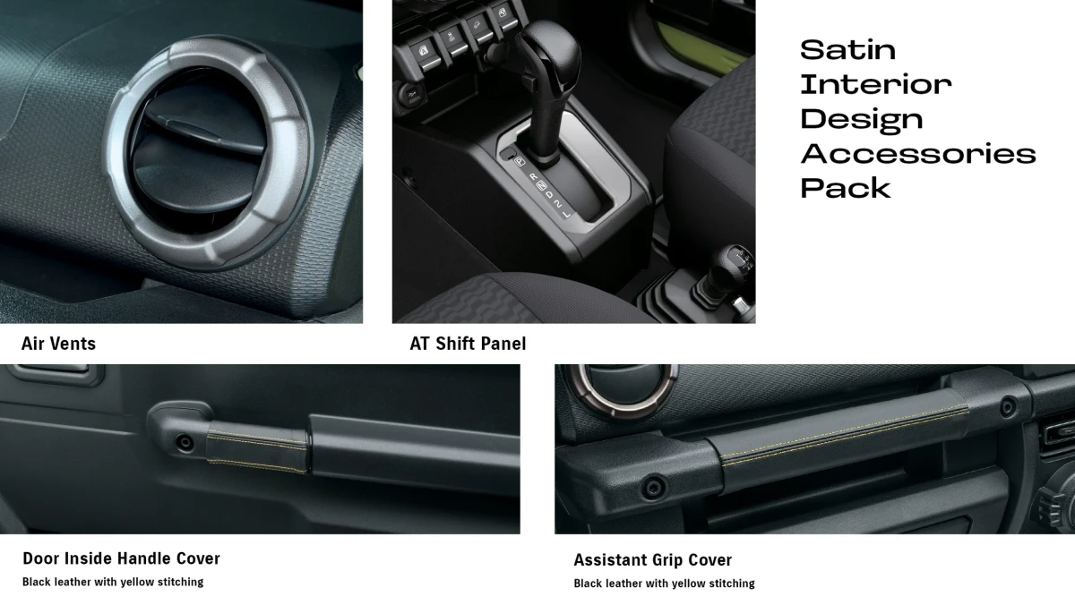 Jimny (3 Door AT) Satin Interior Design Pack (Inside Door Handle & Assistant Grip Covers + Air Vent & Shift Panel Garnish)
