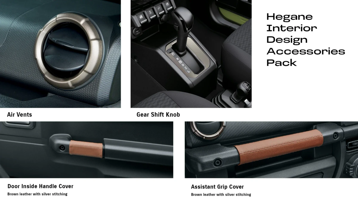 Jimny (3 Door AT) Hegane Interior Design Pack (Inside Door Handle & Assistant Grip Covers + Air Vent & Shift Panel Garnish)