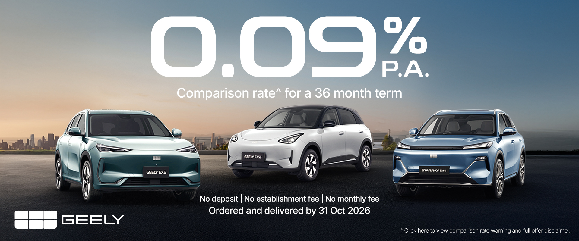 Geely 0.09% p.a. comparison rate with $0 deposit on EX5, EX2 and STARRAY EM-i new stock vehicles for a 36-month term, offer ends 31 October 2026.