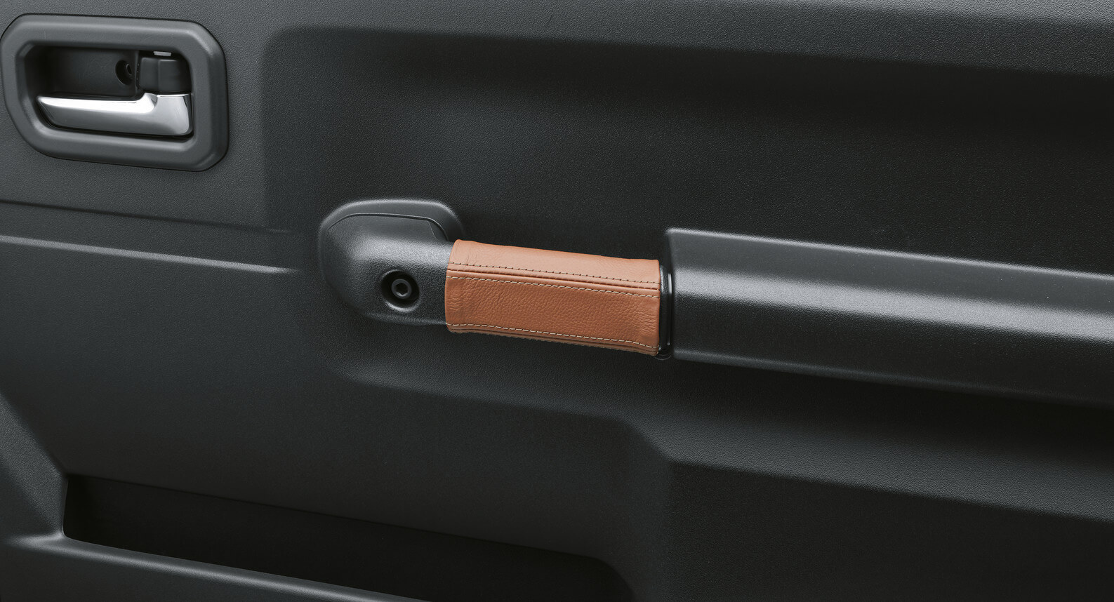 Jimny - Cover, Inside Door Handle, Brown With Silver Stitching. 