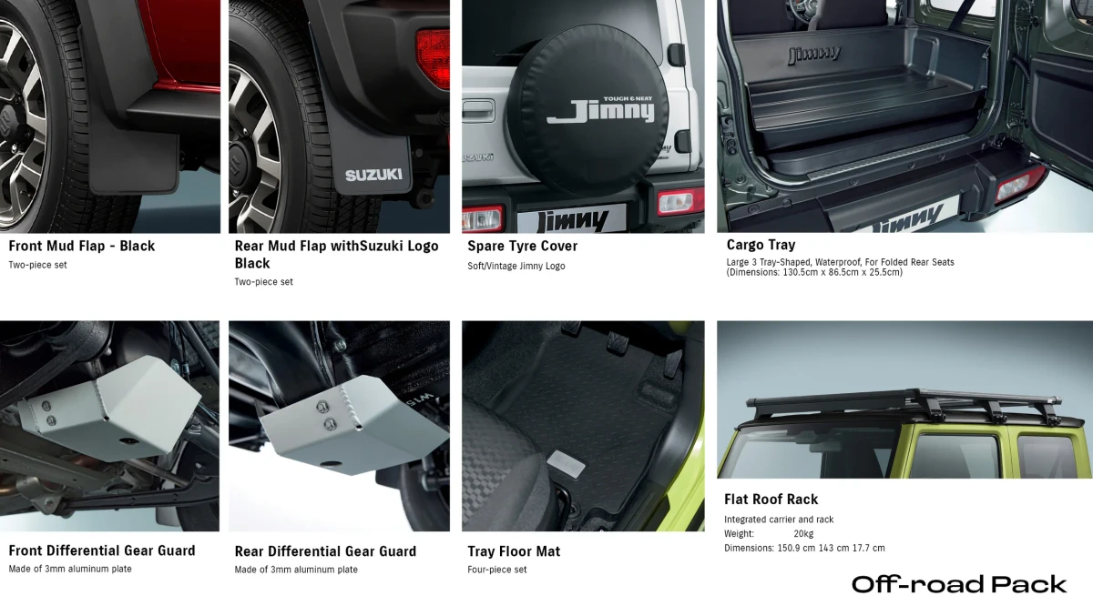 Jimny (3 Door AT) Off-road Pack (Mud Flaps + Differential Gear Guards + Tray Floor Mats + Cargo Tray + Flat Roof Rack & Spare Tyre Cover)