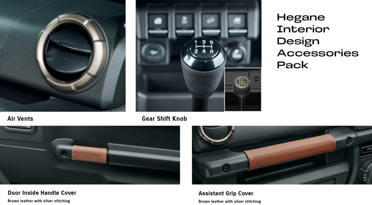 Jimny (3 Door MT) Hegane Interior Design Pack (Inside Door Handle & Assistant Grip Covers + Air Vent Garnish & Gear Shift Knob)